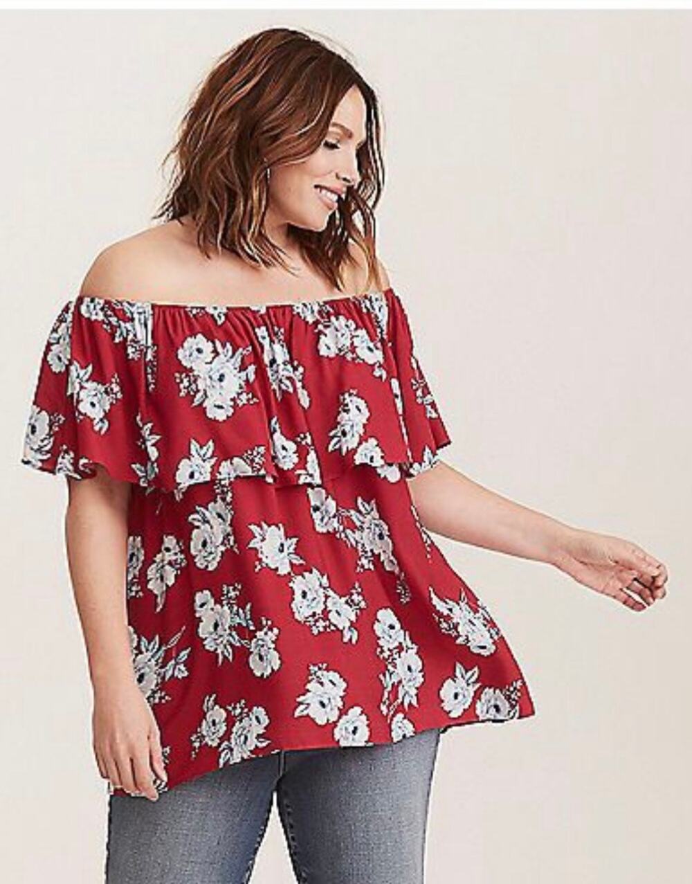 Torrid Floral Crepe Off Shoulder Blouse Womens Size 1X Hot Pink Flounce Top